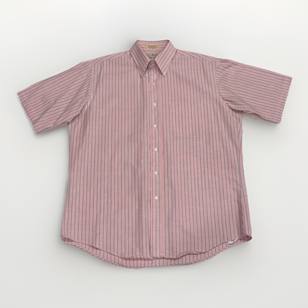 VTG 80s LL Bean Shirt Mens L 16.5 Pink Blue Stripe Short Sleeve Button Up USA